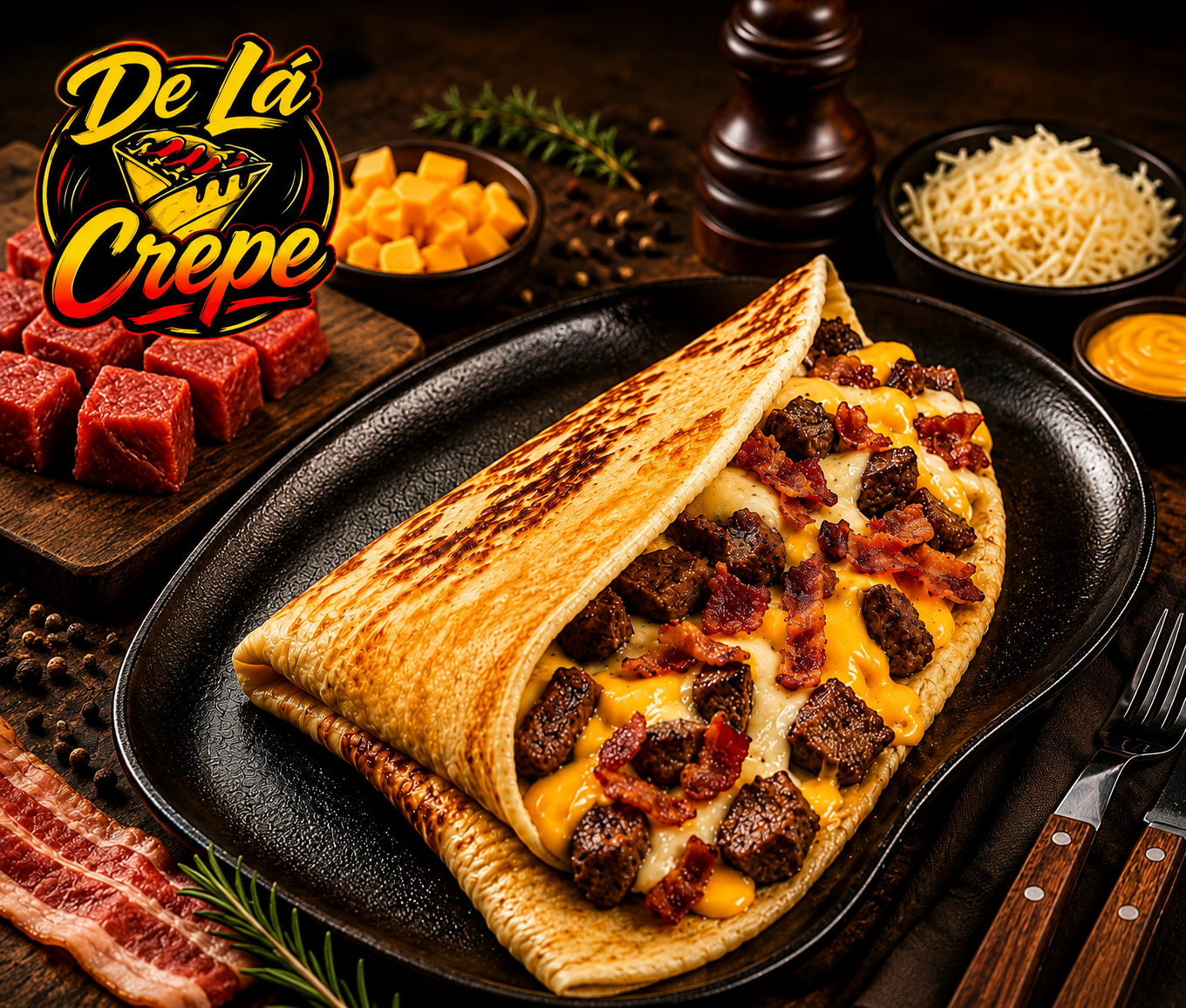 Crepe salgado com filé, queijo derretido e bacon