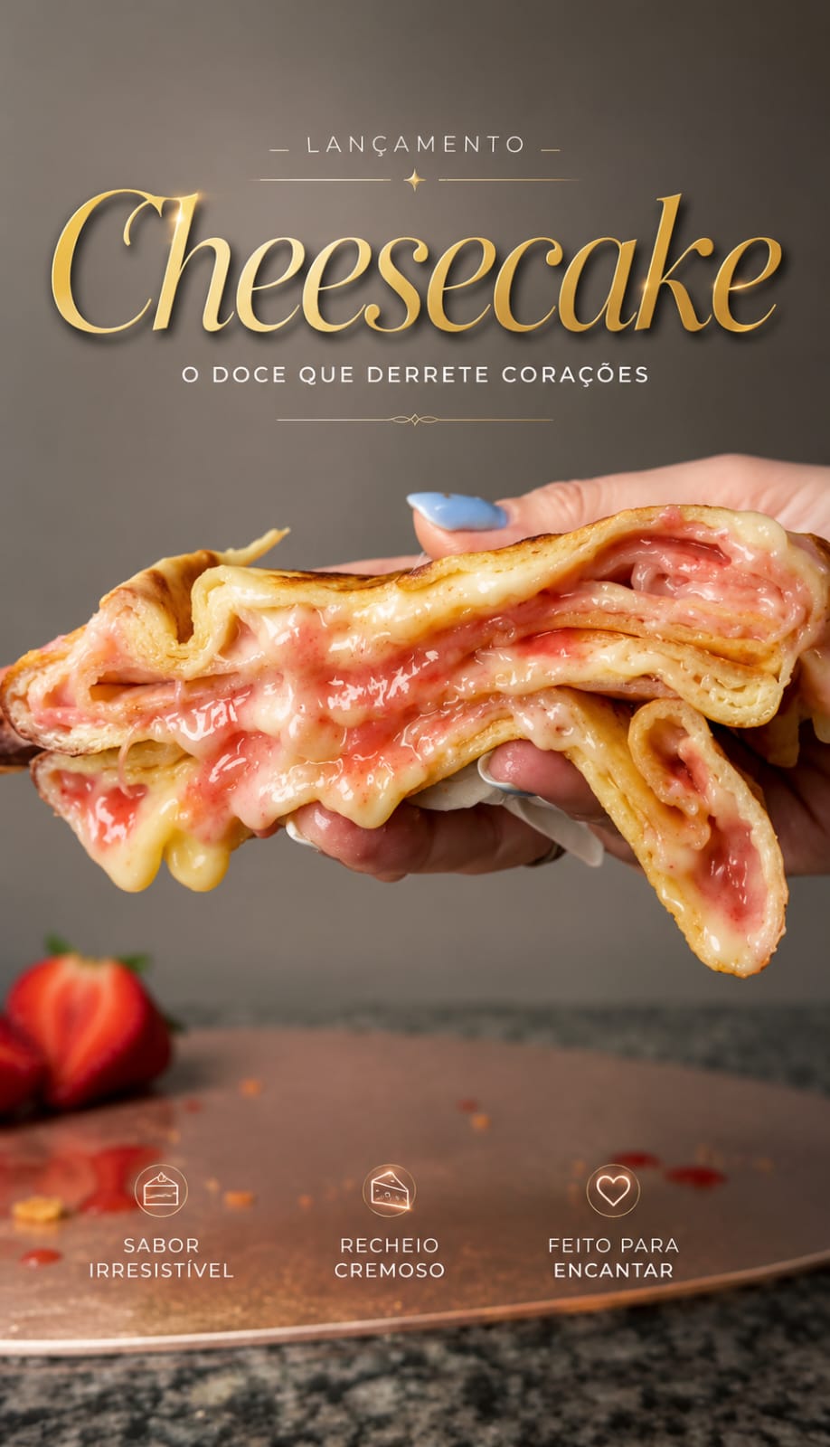 Crepe doce Cheesecake com cream cheese, chocolate branco e calda de morango