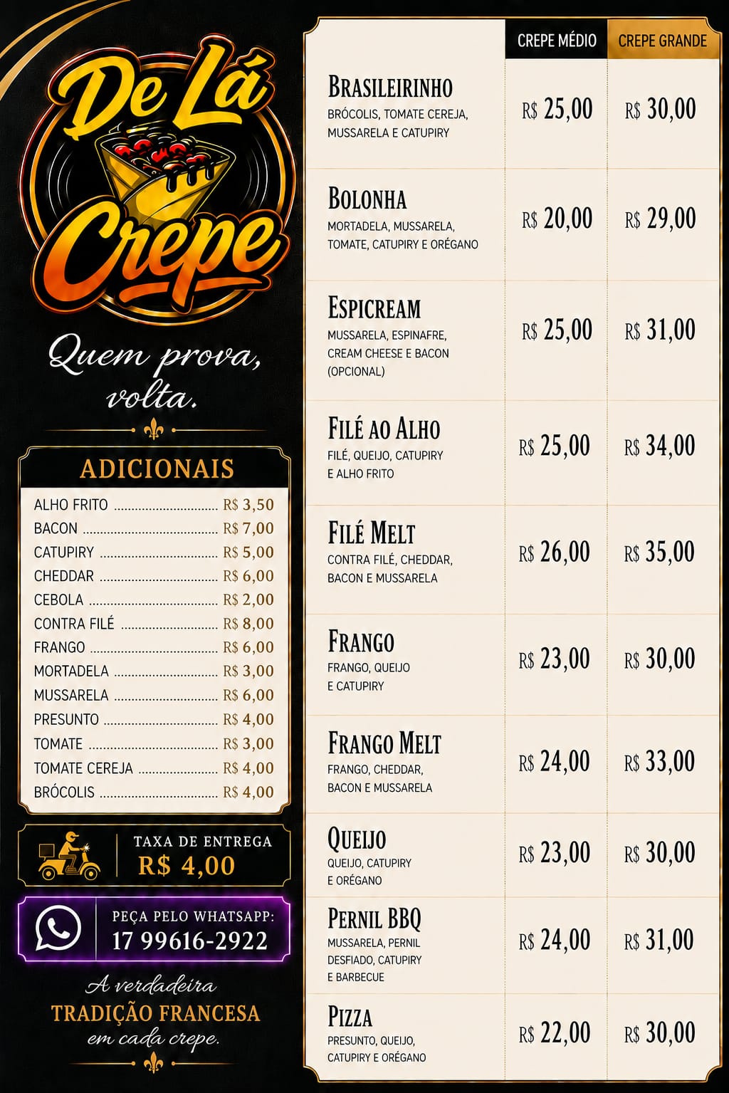Cardápio crepes salgados